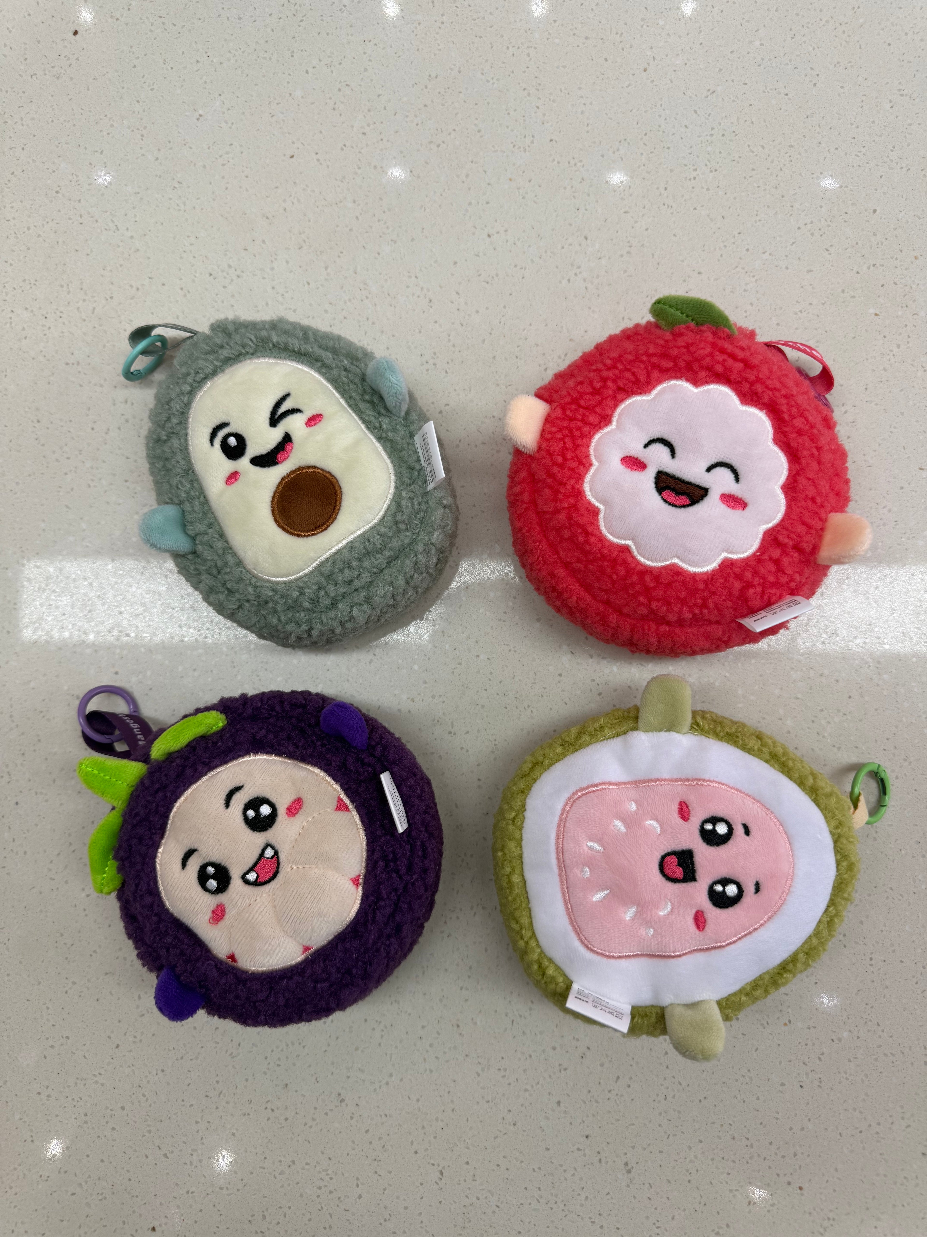 Tropical Fruit Face Plush Coin Purse & Bag Charm | 4 Exotic Fruits, Fluffy Sherpa, Clip-On