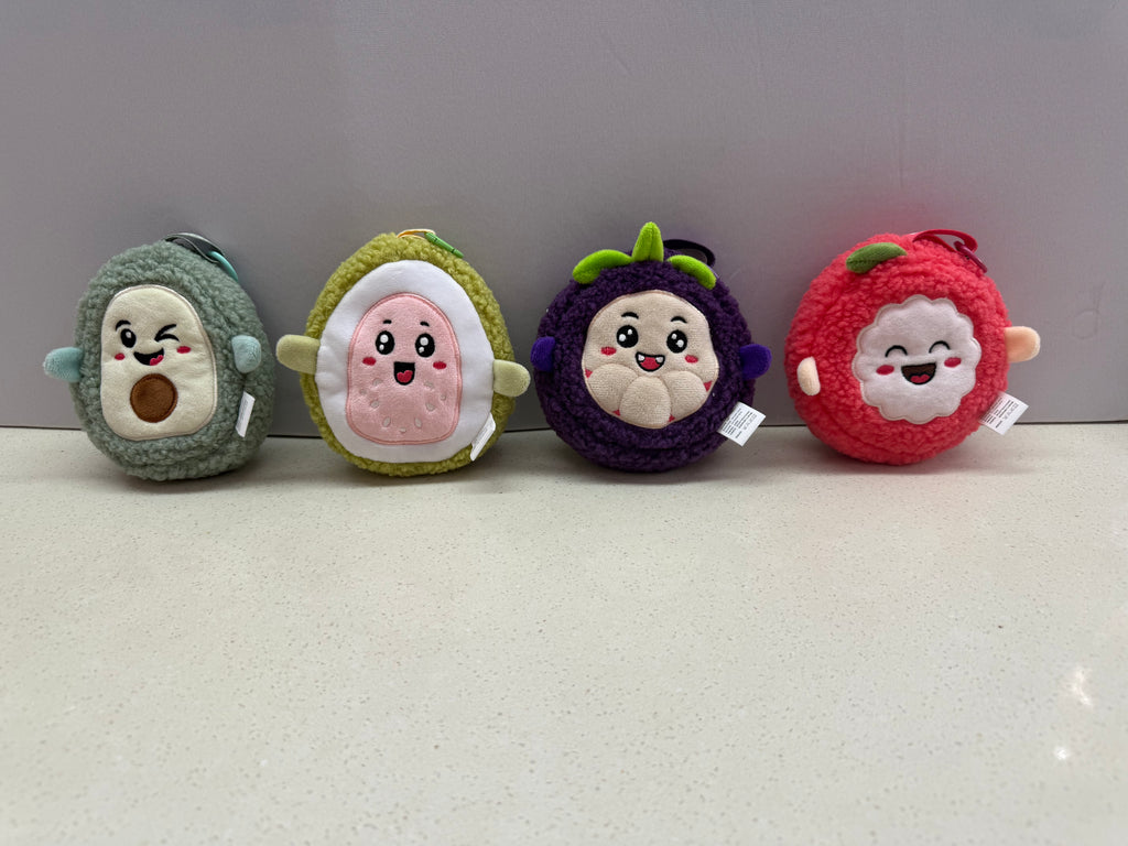 Tropical Fruit Face Plush Coin Purse & Bag Charm | 4 Exotic Fruits, Fluffy Sherpa, Clip-On