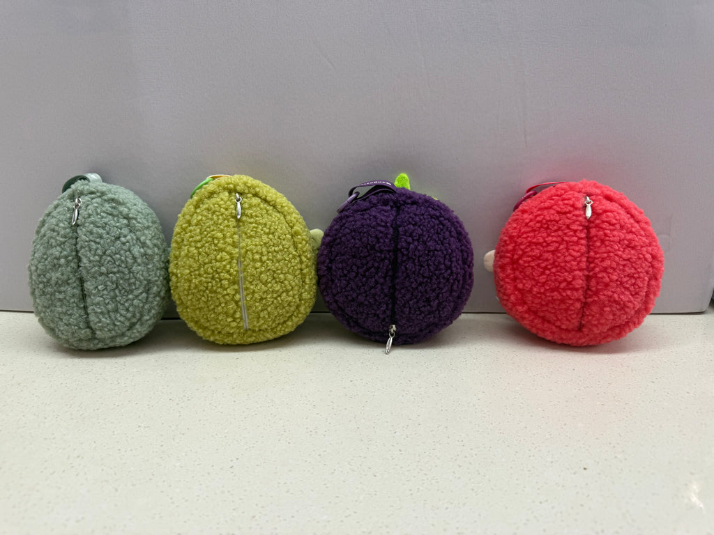 Tropical Fruit Face Plush Coin Purse & Bag Charm | 4 Exotic Fruits, Fluffy Sherpa, Clip-On
