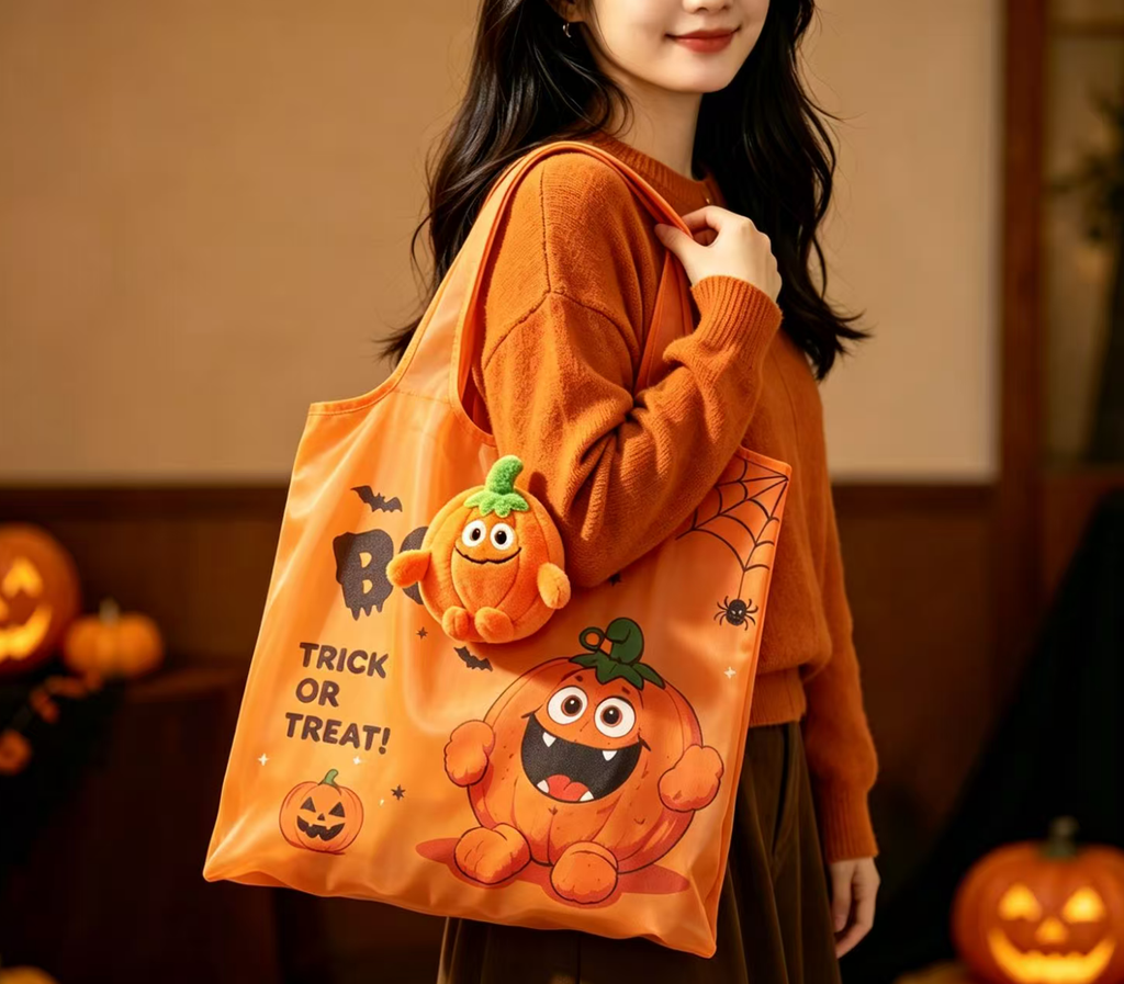 Halloween Character Foldable Tote Bag with Plush Charm | 4 Spooky Designs, Trick or Treat Bag