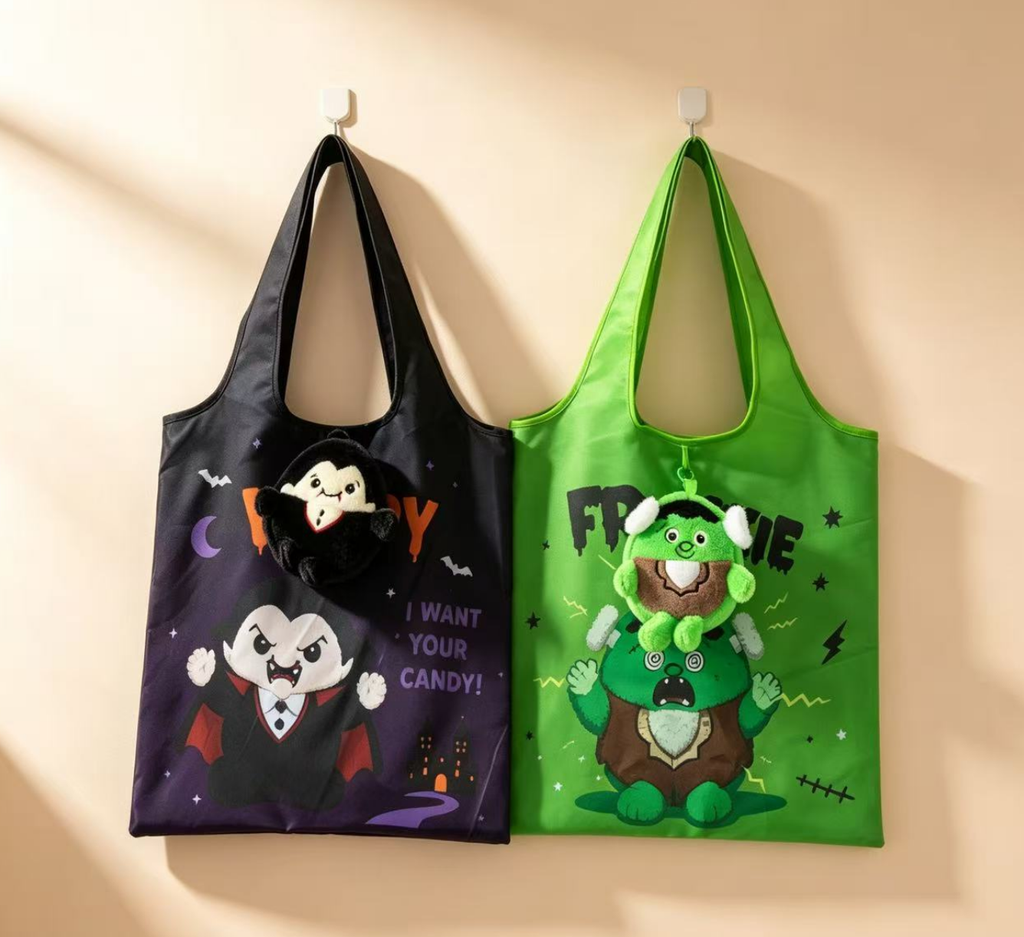Halloween Character Foldable Tote Bag with Plush Charm | 4 Spooky Designs, Trick or Treat Bag
