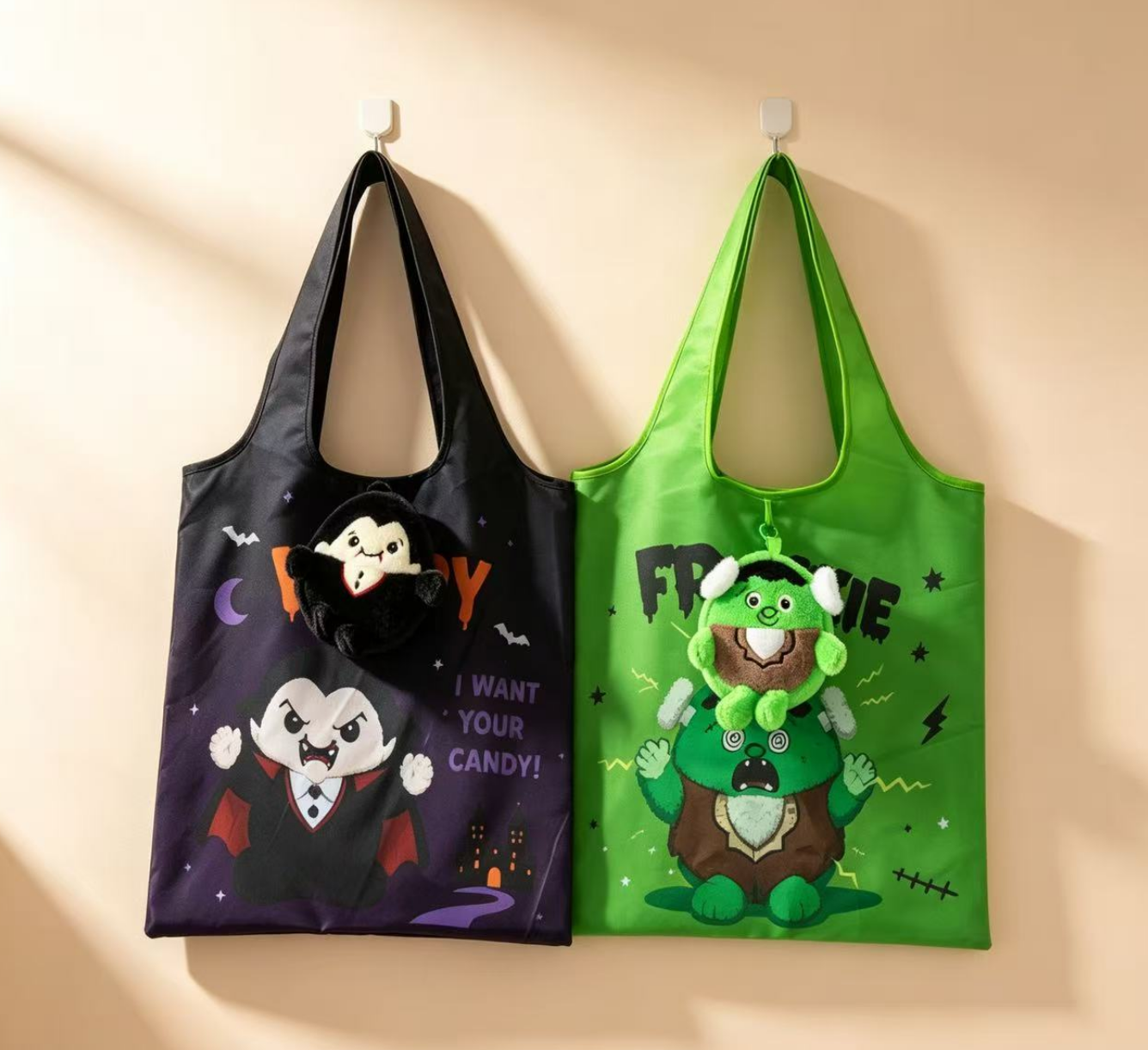 Halloween Character Foldable Tote Bag with Plush Charm | 4 Spooky Designs, Trick or Treat Bag