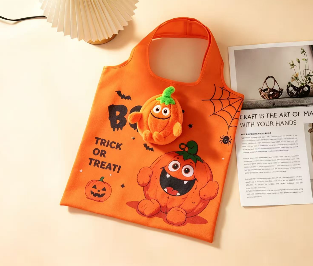 Halloween Character Foldable Tote Bag with Plush Charm | 4 Spooky Designs, Trick or Treat Bag