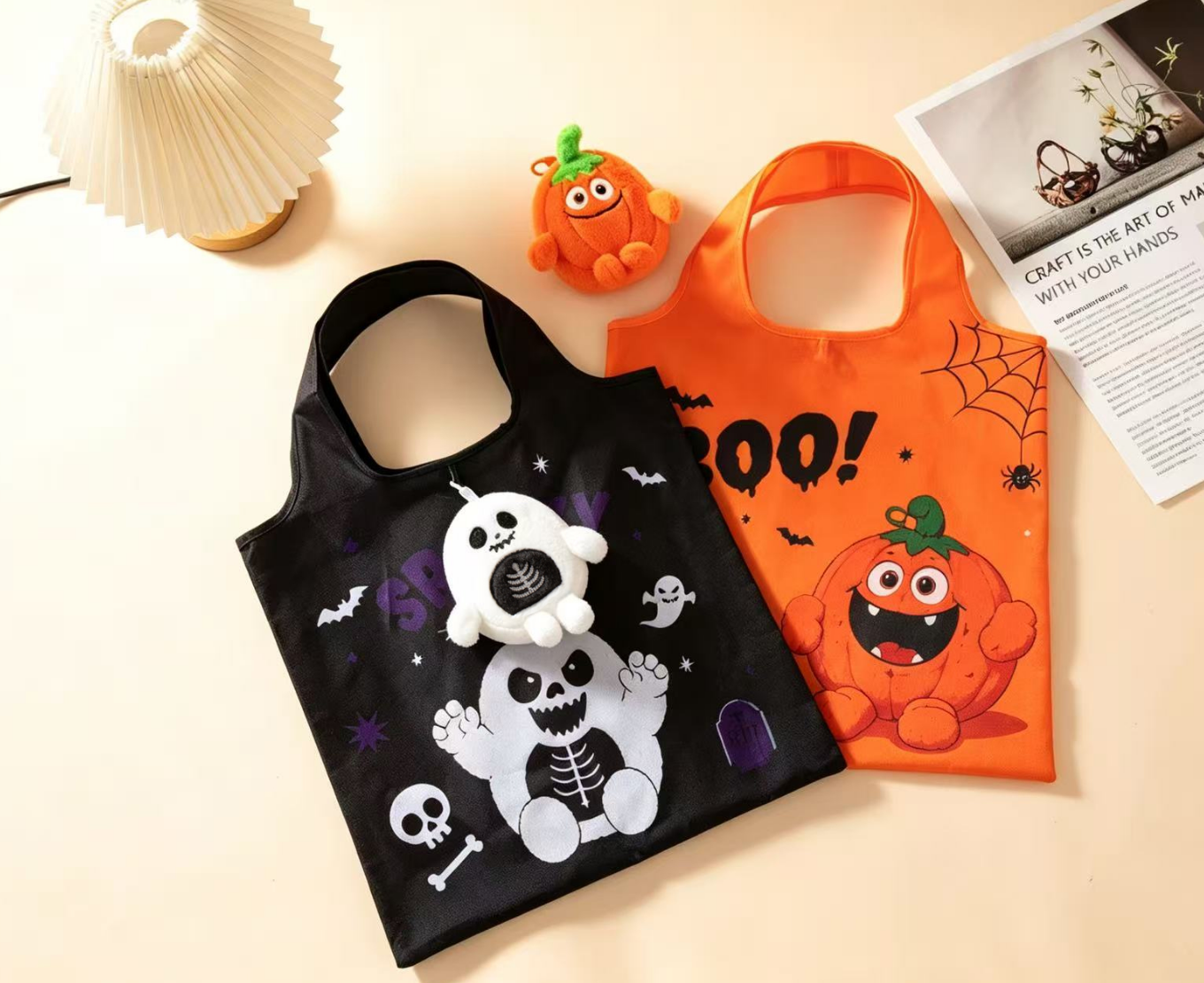 Halloween Character Foldable Tote Bag with Plush Charm | 4 Spooky Designs, Trick or Treat Bag