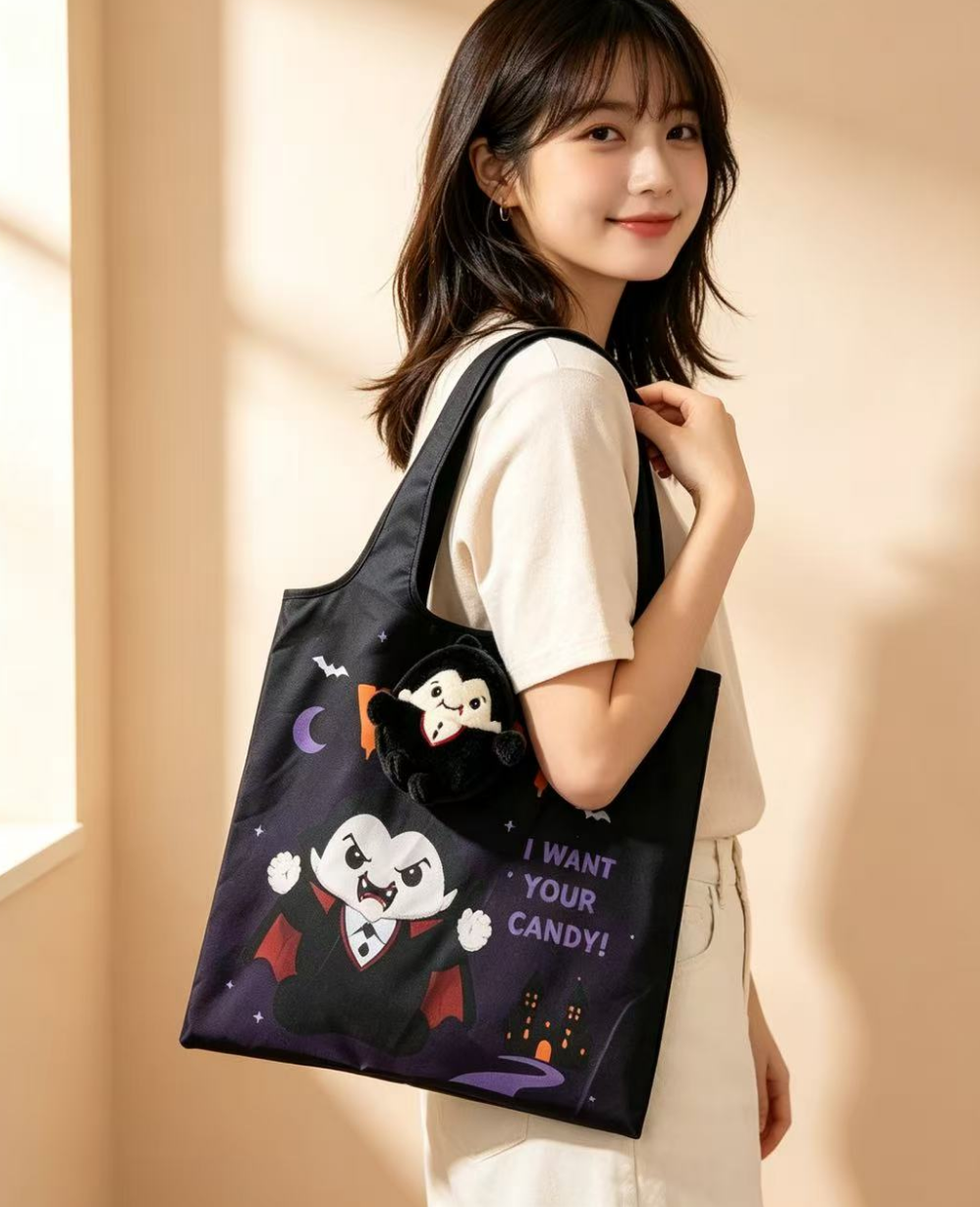 Halloween Character Foldable Tote Bag with Plush Charm | 4 Spooky Designs, Trick or Treat Bag