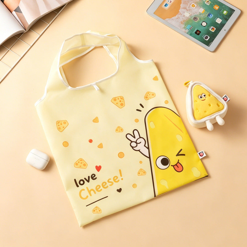 Cute Food Character Foldable Tote Bag with Plush Charm | 4 Designs, 3-in-1 Eco Bag & Keychain