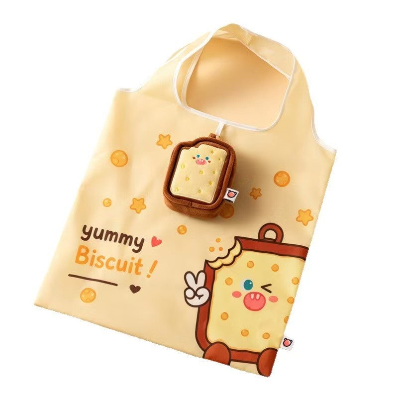Cute Food Character Foldable Tote Bag with Plush Charm | 4 Designs, 3-in-1 Eco Bag & Keychain