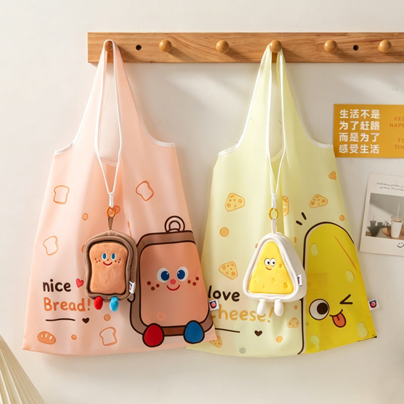 Cute Food Character Foldable Tote Bag with Plush Charm | 4 Designs, 3-in-1 Eco Bag & Keychain