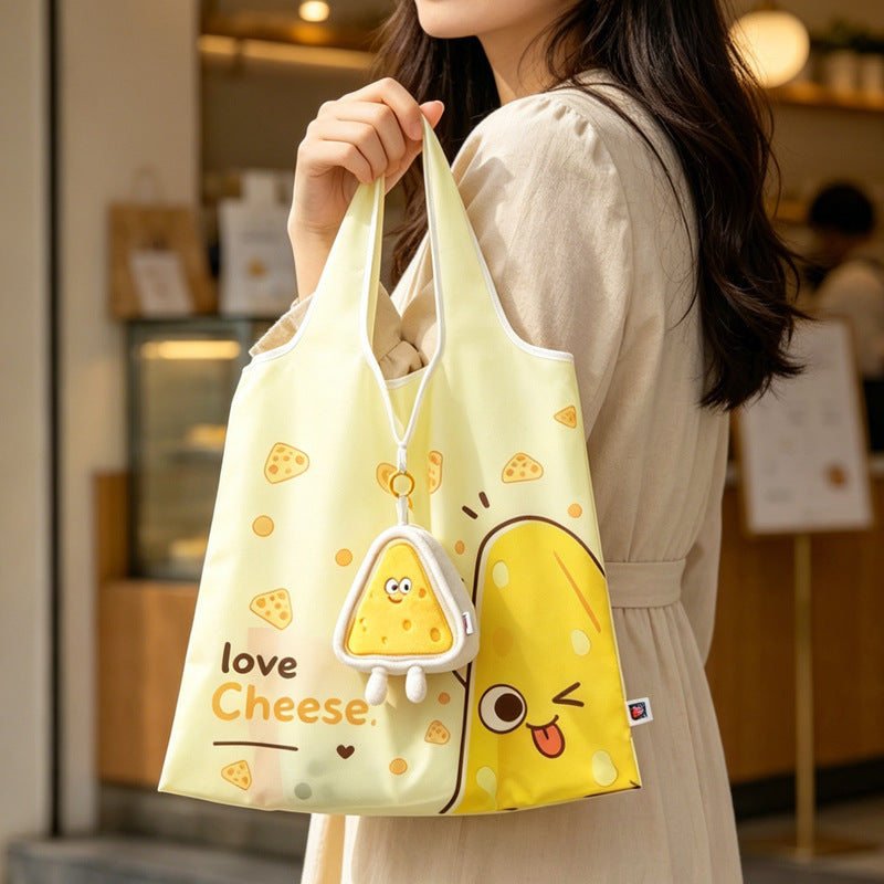 Cute Food Character Foldable Tote Bag with Plush Charm | 4 Designs, 3-in-1 Eco Bag & Keychain