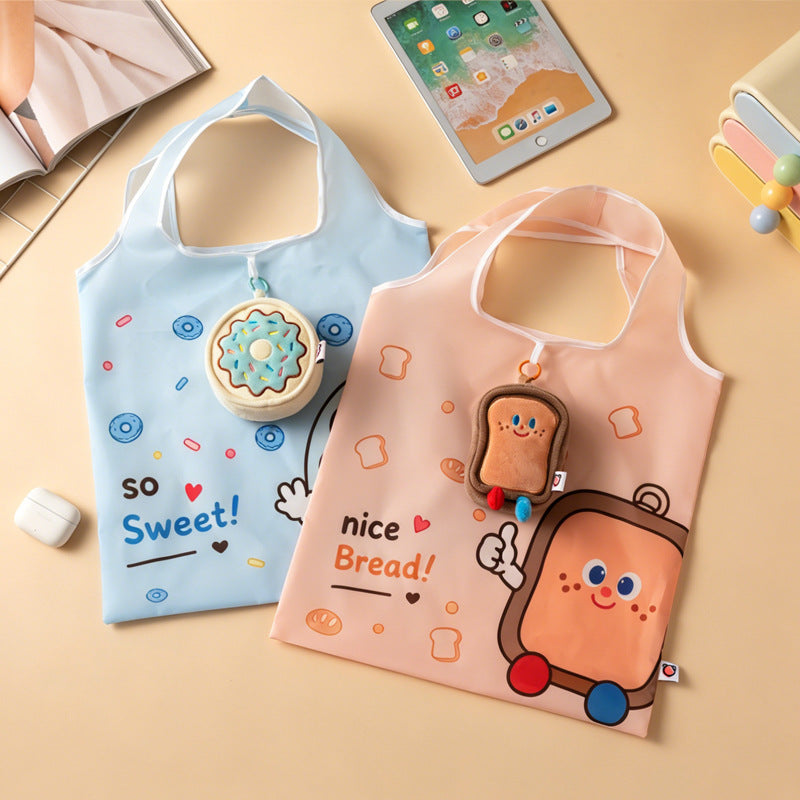 Cute Food Character Foldable Tote Bag with Plush Charm | 4 Designs, 3-in-1 Eco Bag & Keychain