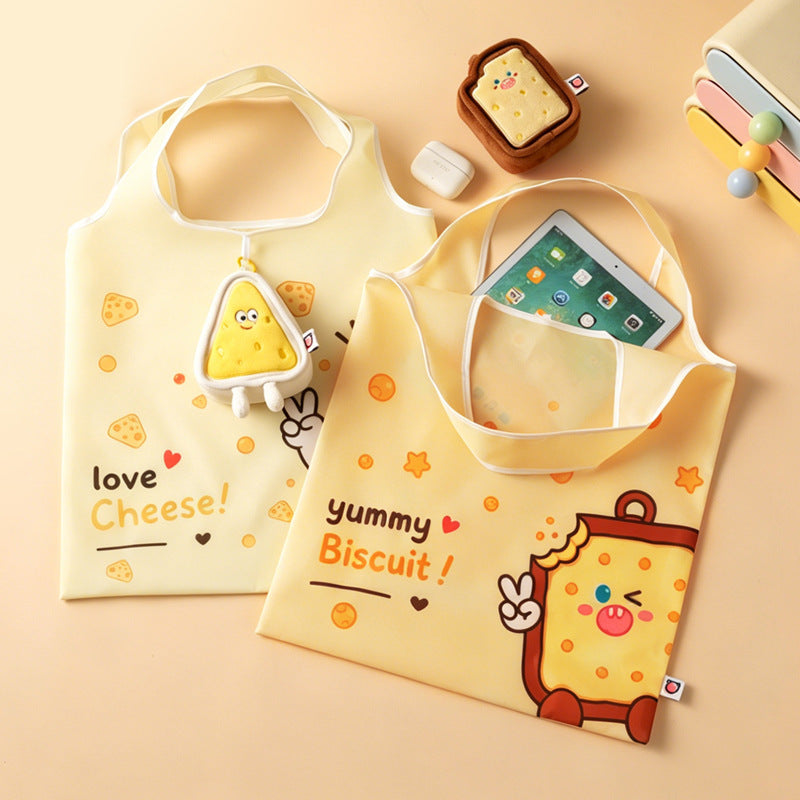 Cute Food Character Foldable Tote Bag with Plush Charm | 4 Designs, 3-in-1 Eco Bag & Keychain
