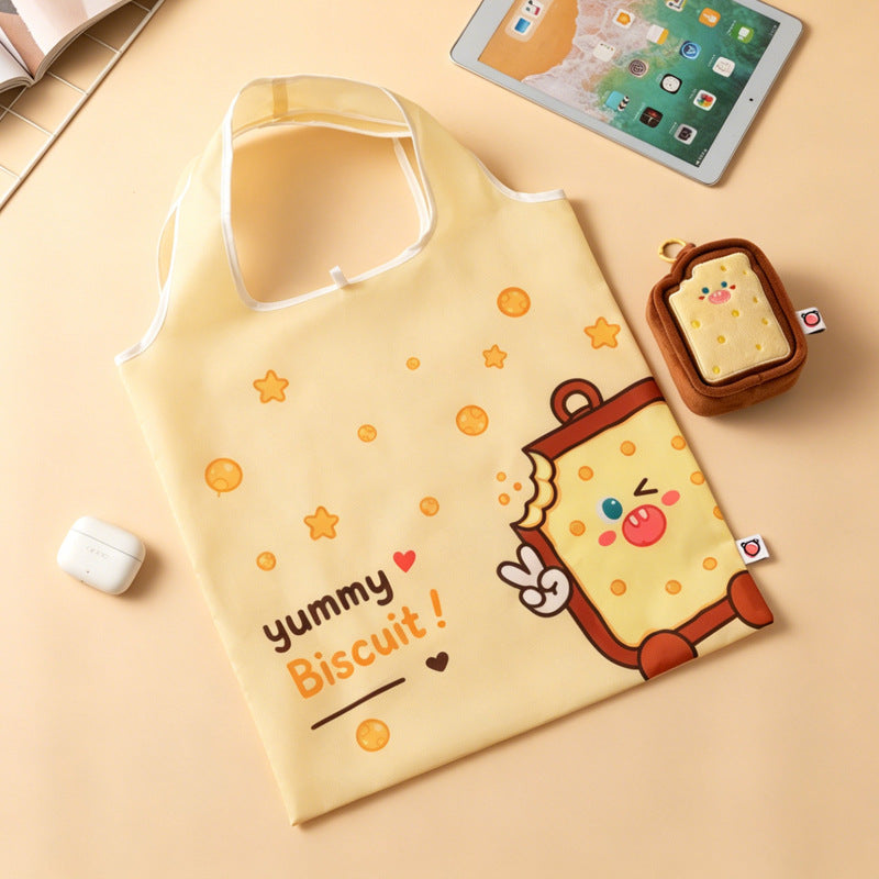 Cute Food Character Foldable Tote Bag with Plush Charm | 4 Designs, 3-in-1 Eco Bag & Keychain