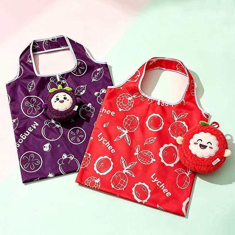 Tropical Fruit Plush Shopping Bag | Lychee, Guava, Avocado & Mangosteen | Set of 4