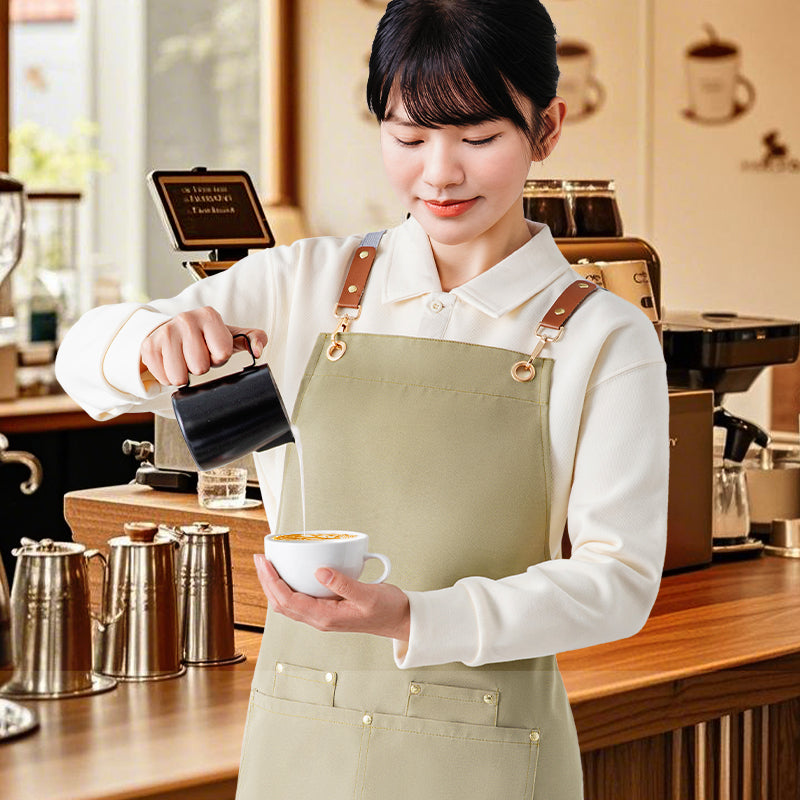 Barista Canvas Apron – Lotus-Effect Waterproof, Leather Straps & Custom Logo