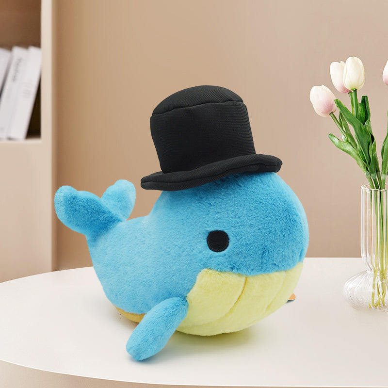 Make My Day Ocean Series | Gentleman Whale Plush Toy & Keychain Charm – Chubby Blue Whale with Top Hat
