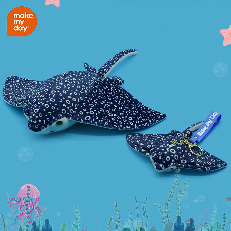 Make My Day Ocean Series | Spotted Eagle Ray Plush Toy & Keychain Charm – Navy Blue Leopard Spot Realistic Stuffed Animal | 2 Sizes