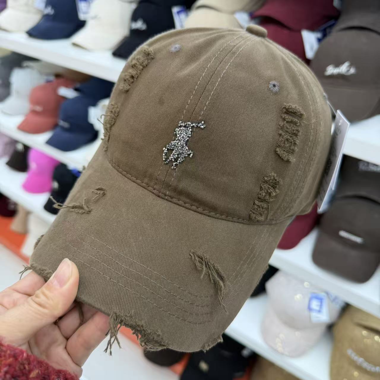 Rhinestone Equestrian Washed Distressed Baseball Cap – Vintage Ripped Cotton Hat