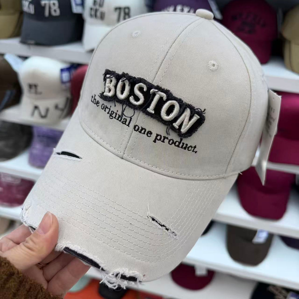 BOSTON Embroidered Washed Distressed Baseball Cap – Vintage Ripped Cotton Hat
