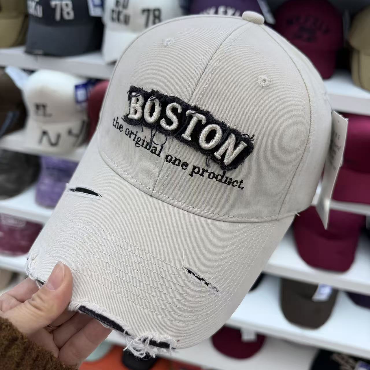 BOSTON Embroidered Washed Distressed Baseball Cap – Vintage Ripped Cotton Hat