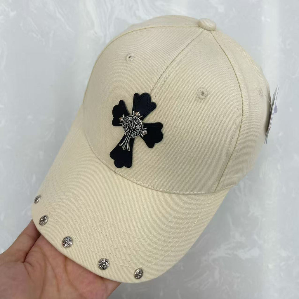 Gothic Cross Leather Patch Medallion Badge Floral Rivet Washed Cotton Baseball Cap - Dark Luxury Street Hat 6 Colors