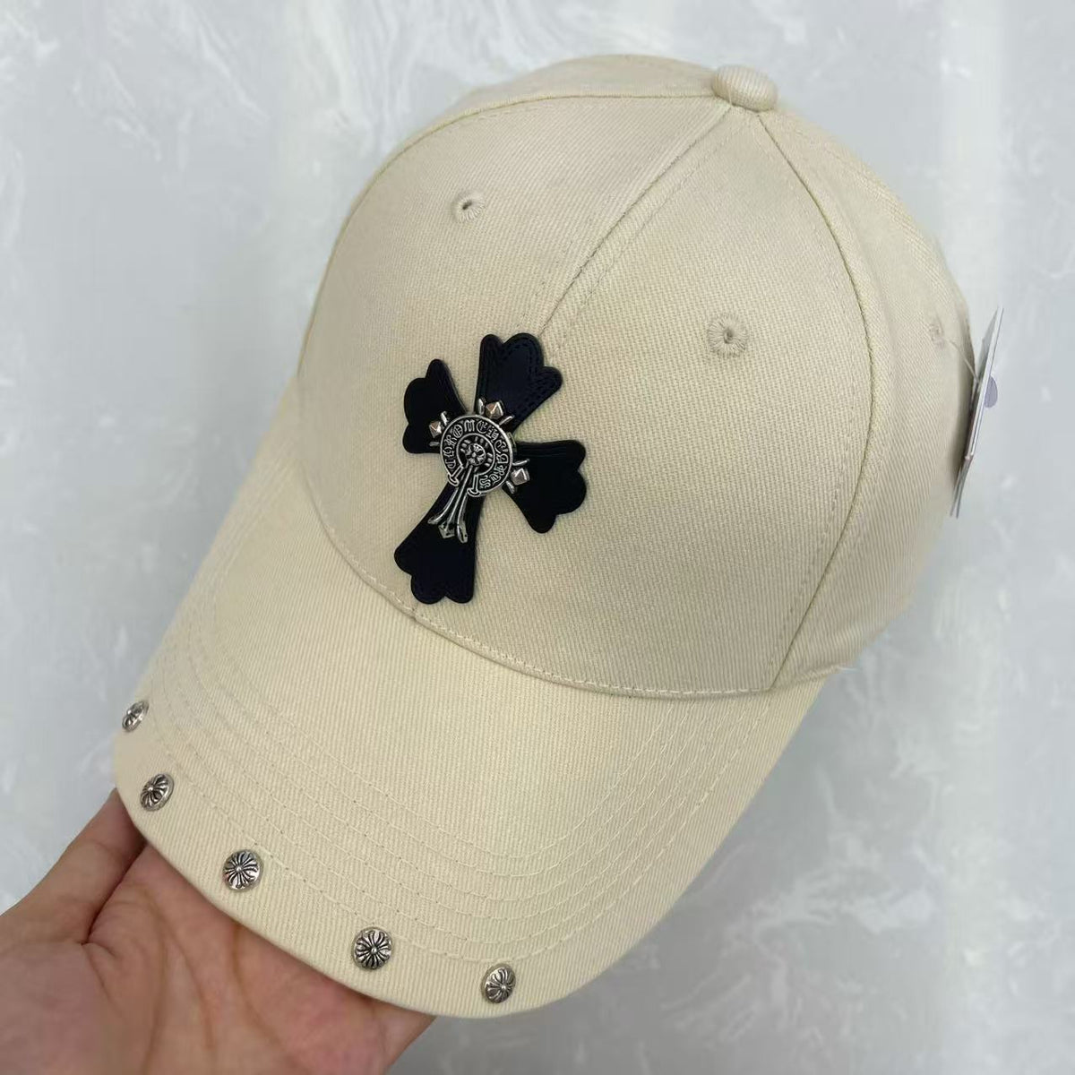 Gothic Cross Leather Patch Medallion Badge Floral Rivet Washed Cotton Baseball Cap - Dark Luxury Street Hat 6 Colors