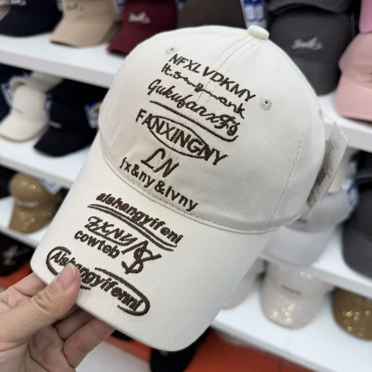 FANXINGNY Multi-Script Embroidered Soft Top Cotton Baseball Cap - All-Over Letter Print Vintage Hat