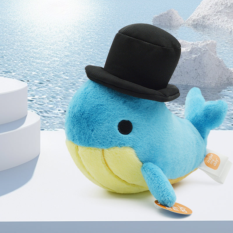 Make My Day Ocean Series | Gentleman Whale Plush Toy & Keychain Charm – Chubby Blue Whale with Top Hat