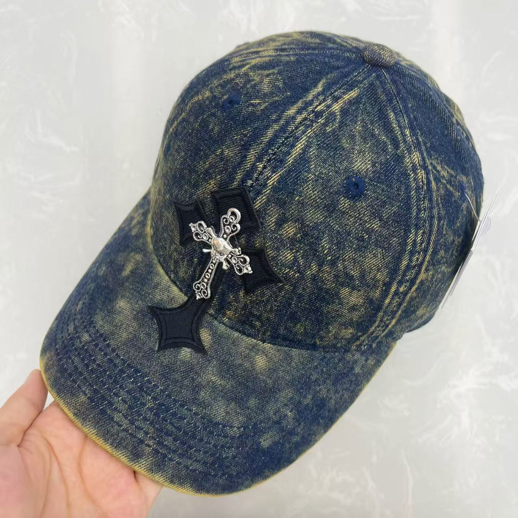 Gothic Cross Metal Charm Hand-Washed Denim Baseball Cap – Wide Brim Vintage Soft Top Hat