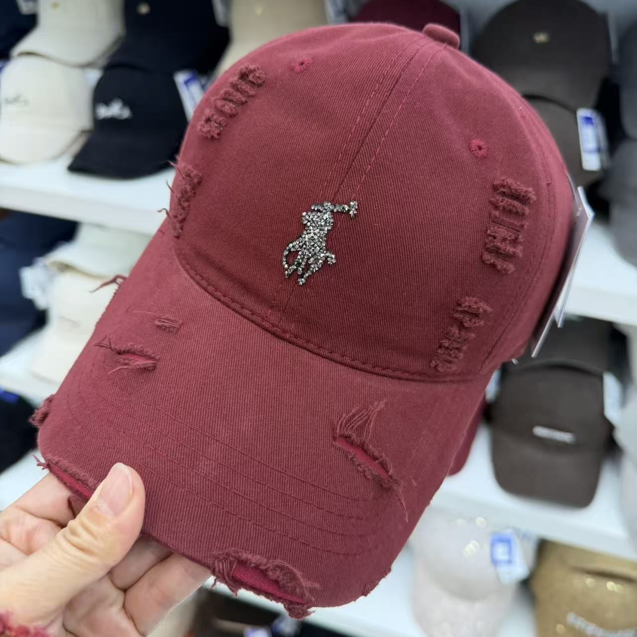 Rhinestone Equestrian Washed Distressed Baseball Cap – Vintage Ripped Cotton Hat