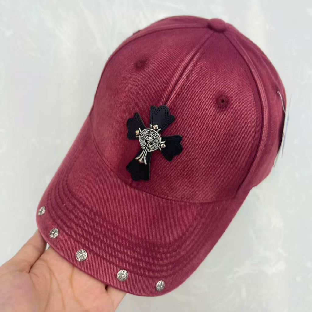 Washed navy blue gothic cross leather patch medallion badge floral rivet baseball cap