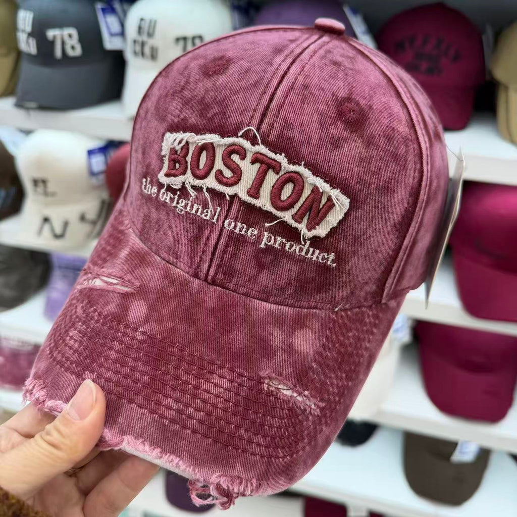 BOSTON Embroidered Washed Distressed Baseball Cap – Vintage Ripped Cotton Hat