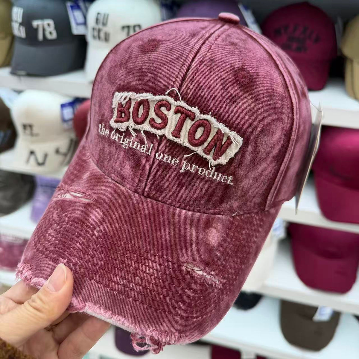BOSTON Embroidered Washed Distressed Baseball Cap – Vintage Ripped Cotton Hat