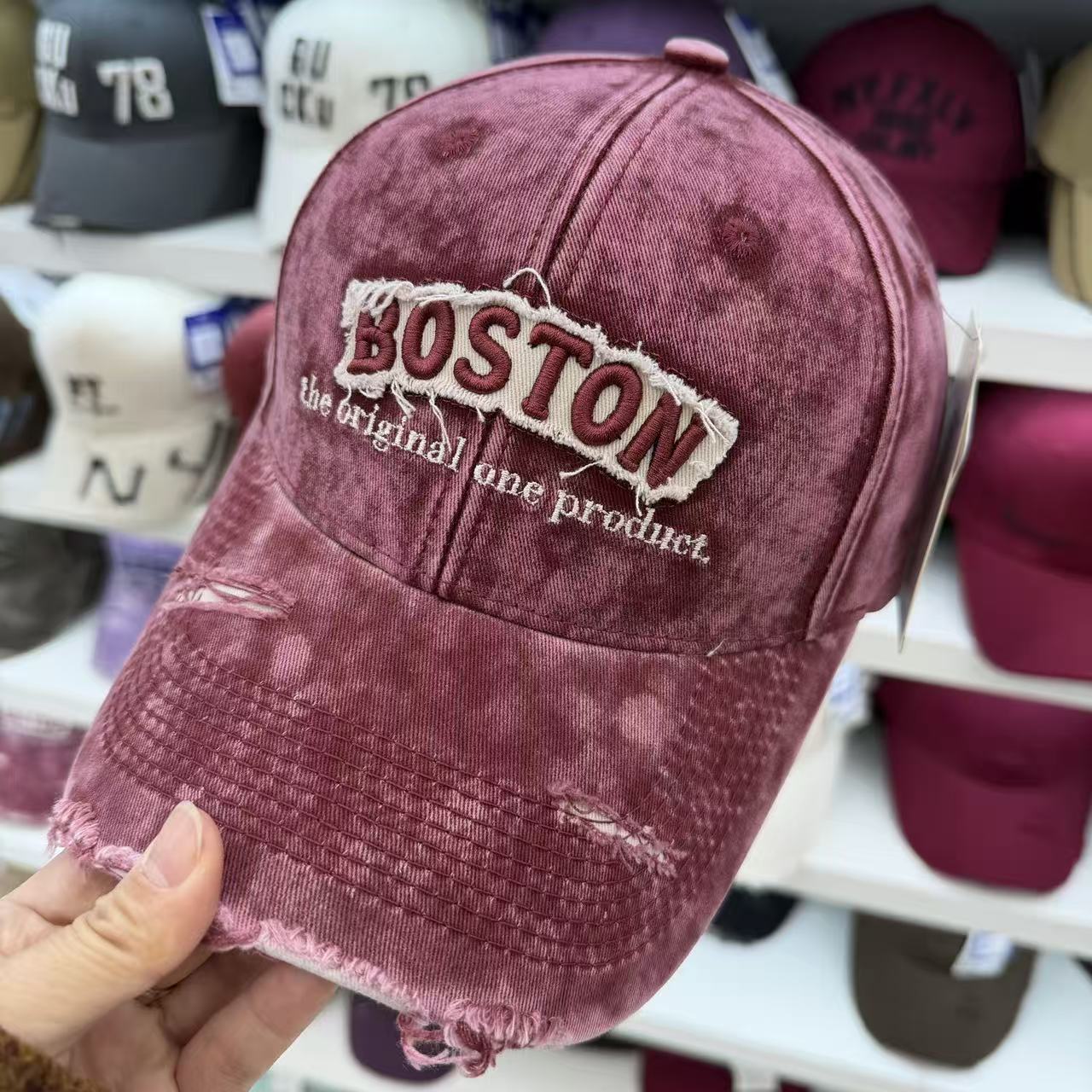 BOSTON Embroidered Washed Distressed Baseball Cap – Vintage Ripped Cotton Hat