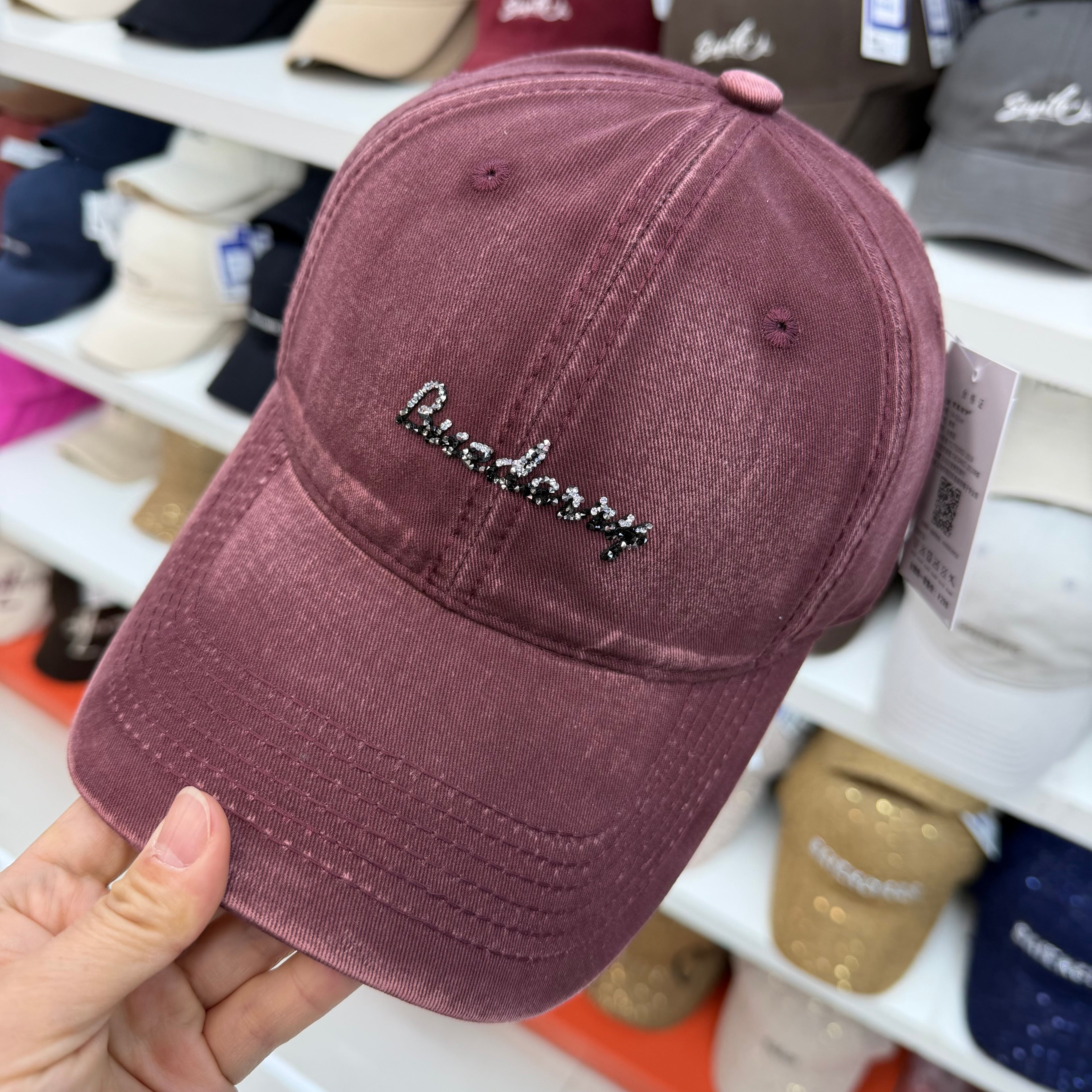 Crystal Rhinestone Cursive Script Washed Cotton Baseball Cap - Glamour Soft Top Vintage Hat 6 Colors
