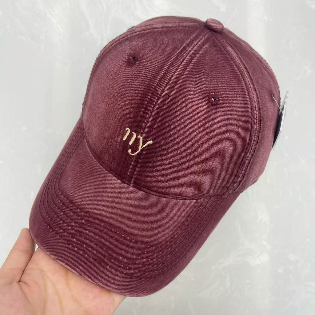 Cursive ny Script Embroidered Washed Cotton Baseball Cap - Minimalist Soft Top Vintage Hat