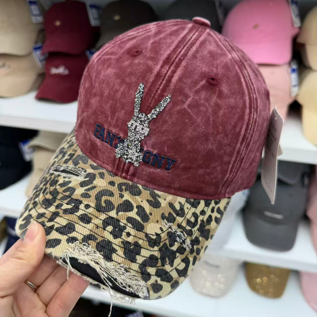 Rhinestone Bunny Washed Baseball Cap – Leopard Brim Distressed Vintage Hat