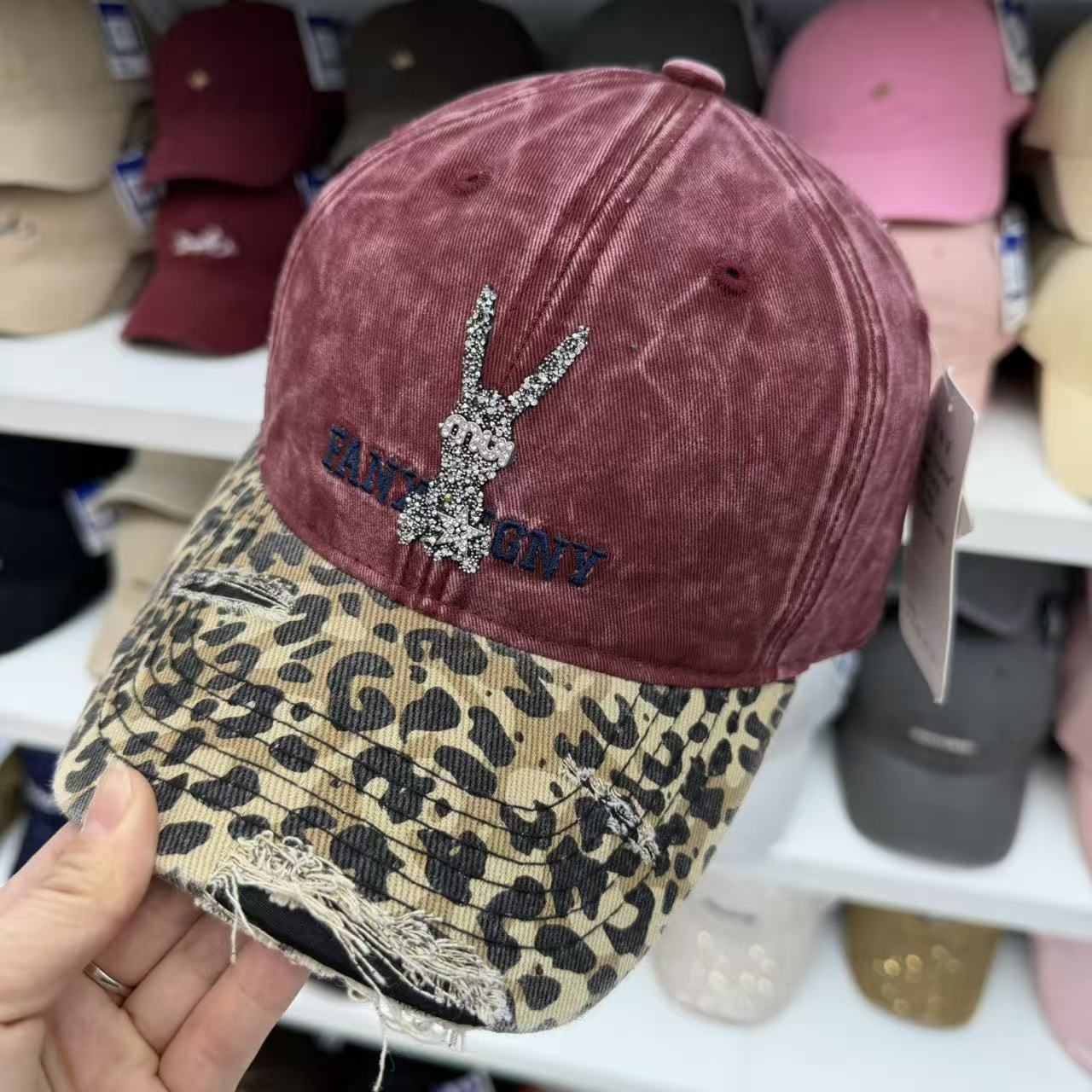 Rhinestone Bunny Washed Baseball Cap – Leopard Brim Distressed Vintage Hat