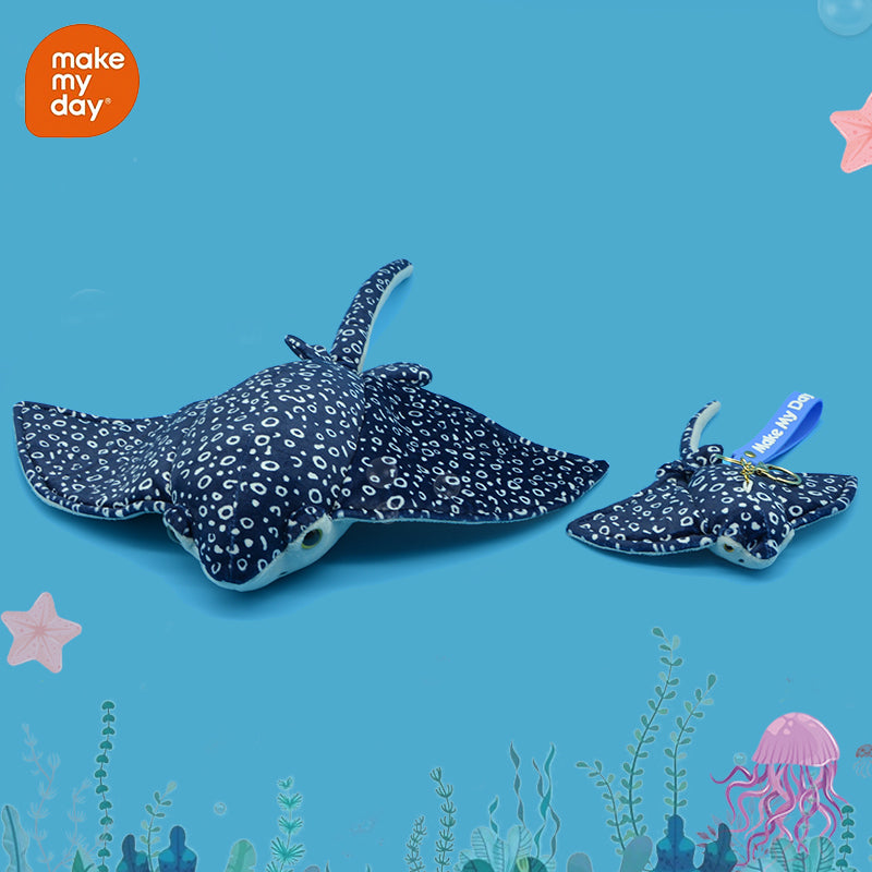 Make My Day Ocean Series | Spotted Eagle Ray Plush Toy & Keychain Charm – Navy Blue Leopard Spot Realistic Stuffed Animal | 2 Sizes