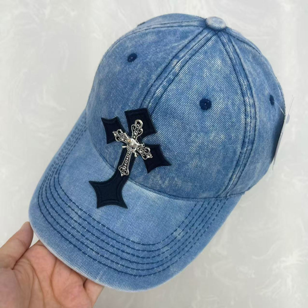 Gothic Cross Metal Charm Hand-Washed Denim Baseball Cap – Wide Brim Vintage Soft Top Hat