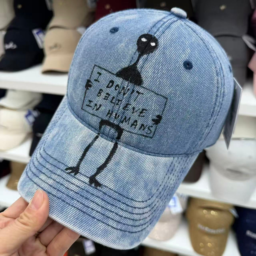 "I Don't Believe Inhuwan" Alien Embroidered Washed Denim Baseball Cap – Wide Brim Soft Top Vintage Hat