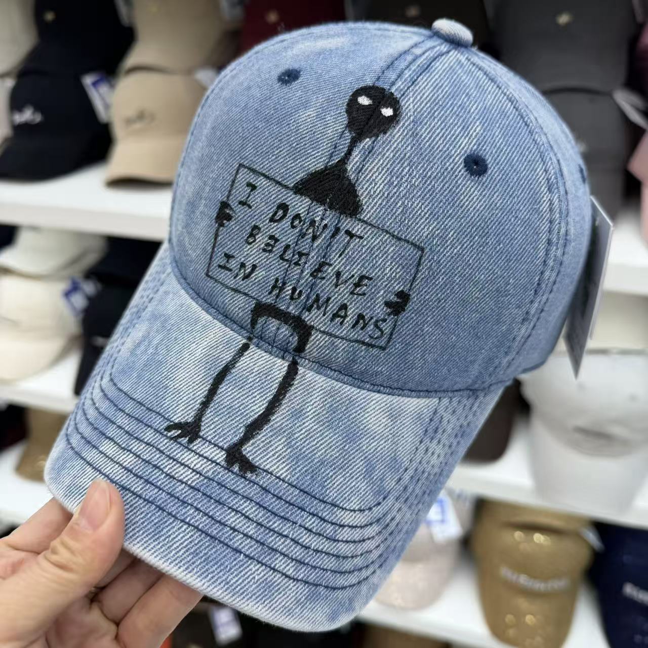 "I Don't Believe Inhuwan" Alien Embroidered Washed Denim Baseball Cap – Wide Brim Soft Top Vintage Hat