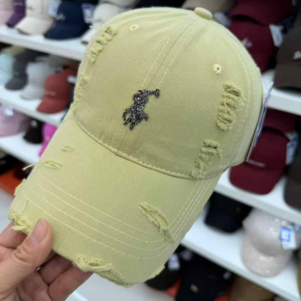 Rhinestone Equestrian Washed Distressed Baseball Cap – Vintage Ripped Cotton Hat