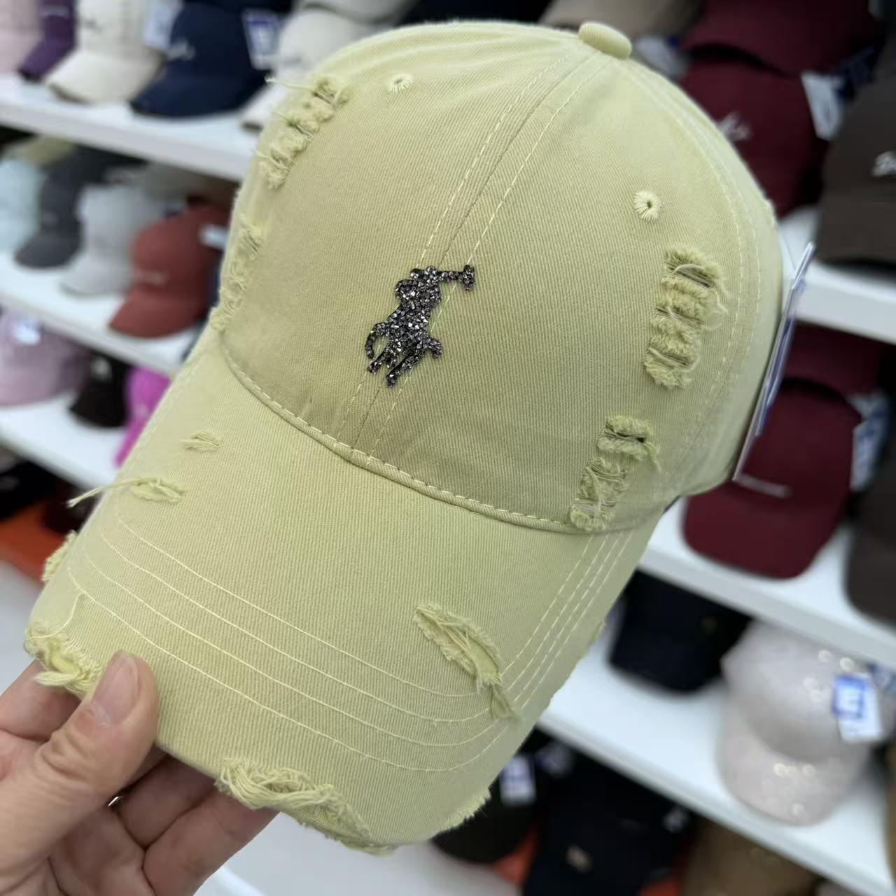 Rhinestone Equestrian Washed Distressed Baseball Cap – Vintage Ripped Cotton Hat