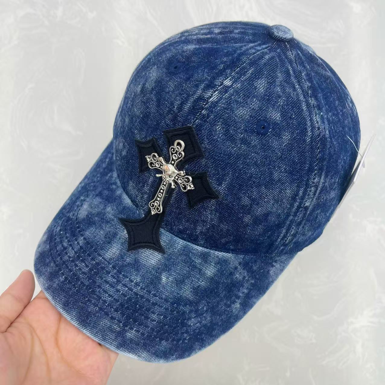 Gothic Cross Metal Charm Hand-Washed Denim Baseball Cap – Wide Brim Vintage Soft Top Hat