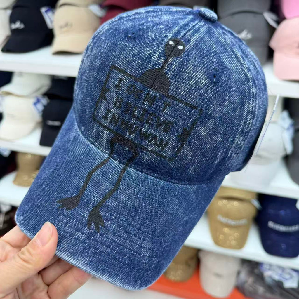 "I Don't Believe Inhuwan" Alien Embroidered Washed Denim Baseball Cap – Wide Brim Soft Top Vintage Hat