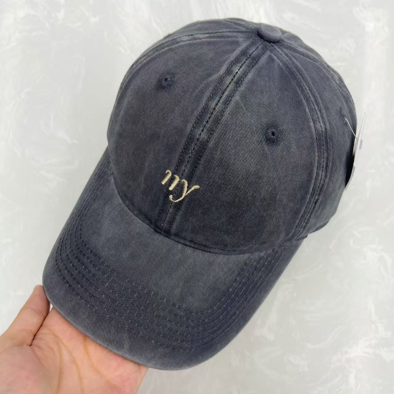 Cursive ny Script Embroidered Washed Cotton Baseball Cap - Minimalist Soft Top Vintage Hat
