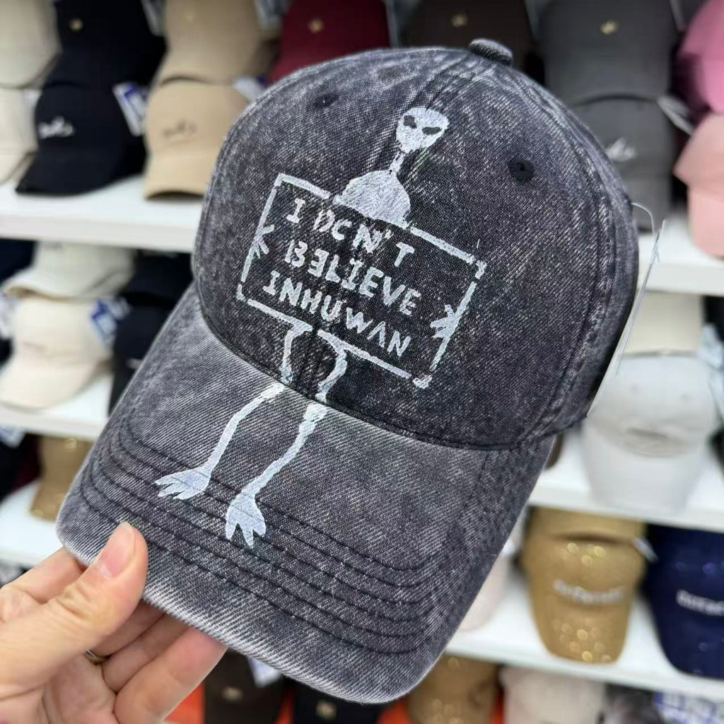 "I Don't Believe Inhuwan" Alien Embroidered Washed Denim Baseball Cap – Wide Brim Soft Top Vintage Hat
