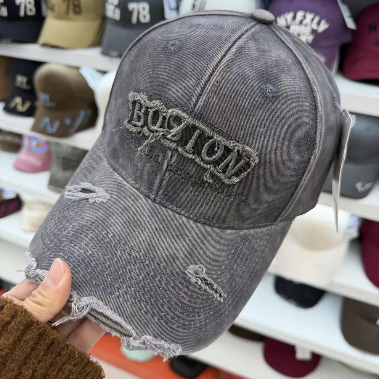 BOSTON Embroidered Washed Distressed Baseball Cap – Vintage Ripped Cotton Hat