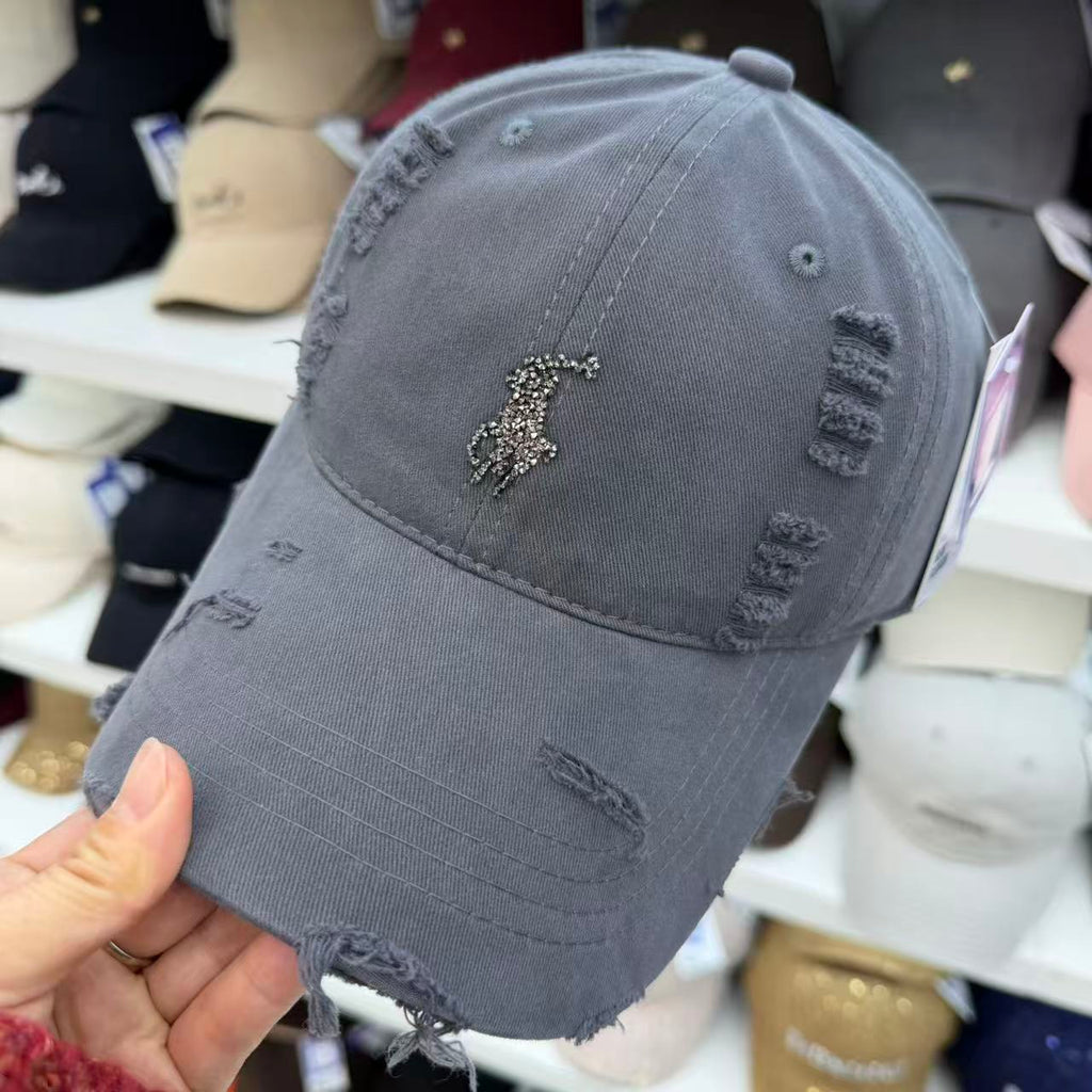 Rhinestone Equestrian Washed Distressed Baseball Cap – Vintage Ripped Cotton Hat