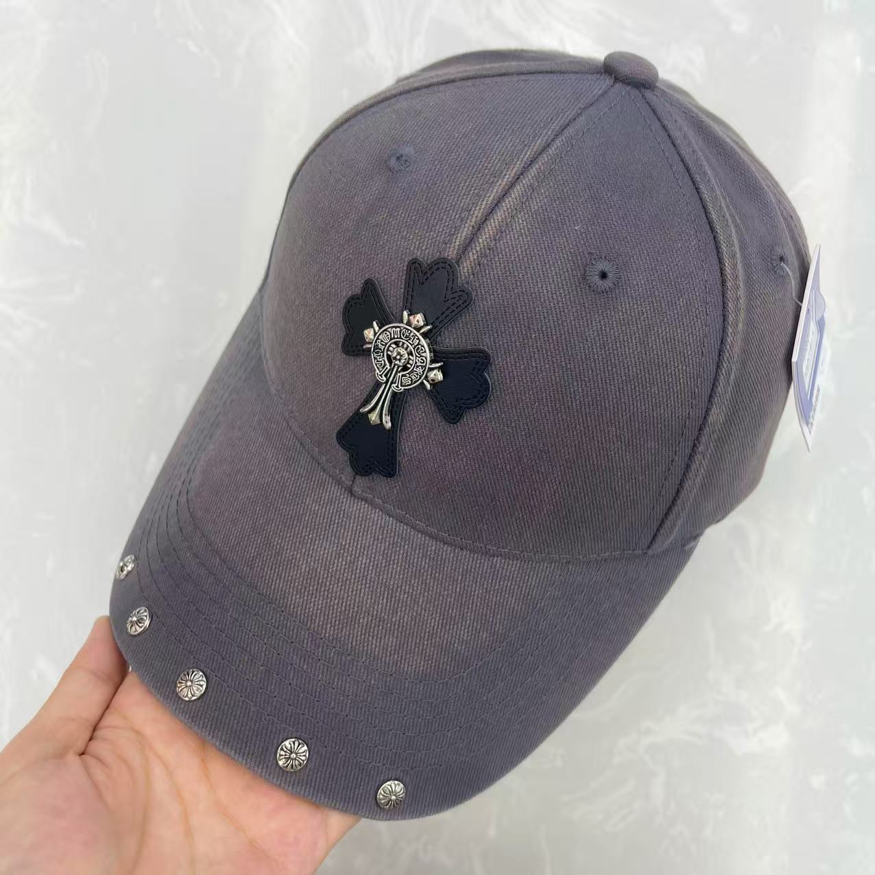 Washed dusty pink gothic cross leather patch medallion badge floral rivet baseball cap